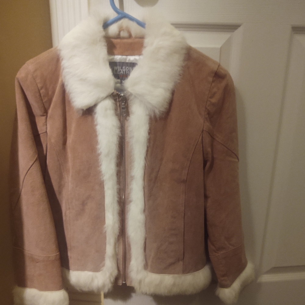 Girls pink suede jacket with rabbit fur trim